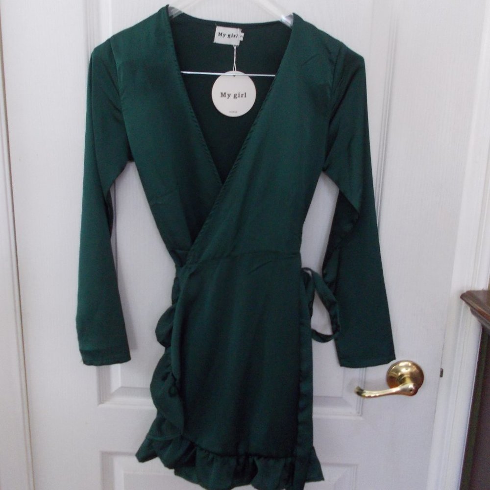 NWT My Girl Emerald Green Wrap Mini Dress